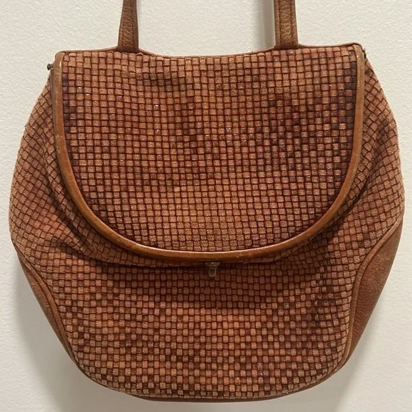 𝅺VINTAGE Ellen Tracy Linda Allard Shoulder Bag Woven Leather Snap Closure - Picture 2 of 12